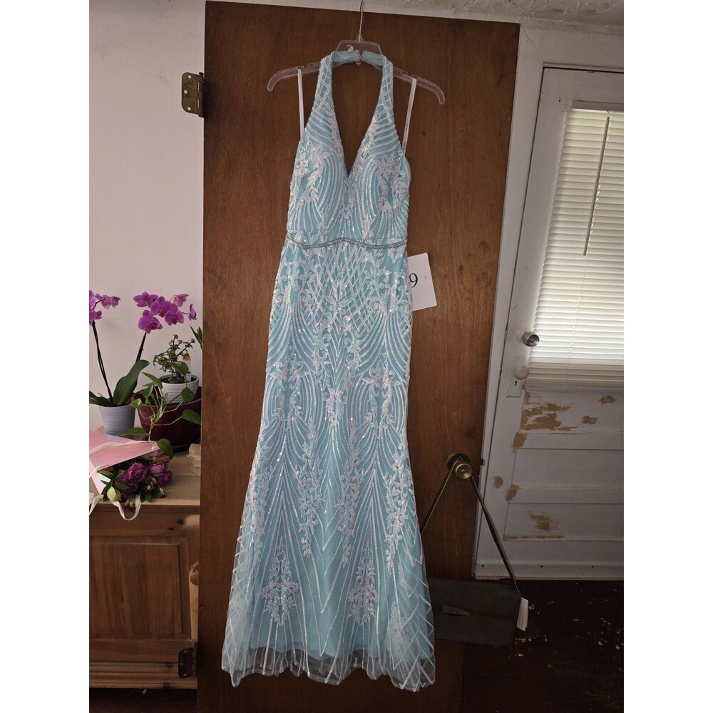 Studio 17 12873 Halter Neck Fitted Sequin Dress blue prom homecoming wedding